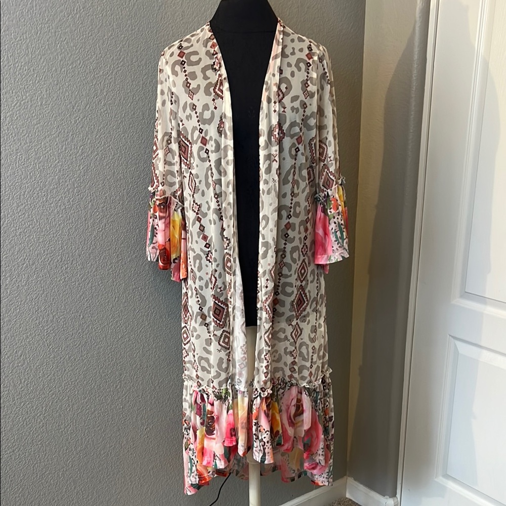Fashion Express Sheer Patterned Kimono Duster Cover Up Size Small NEW with Tags